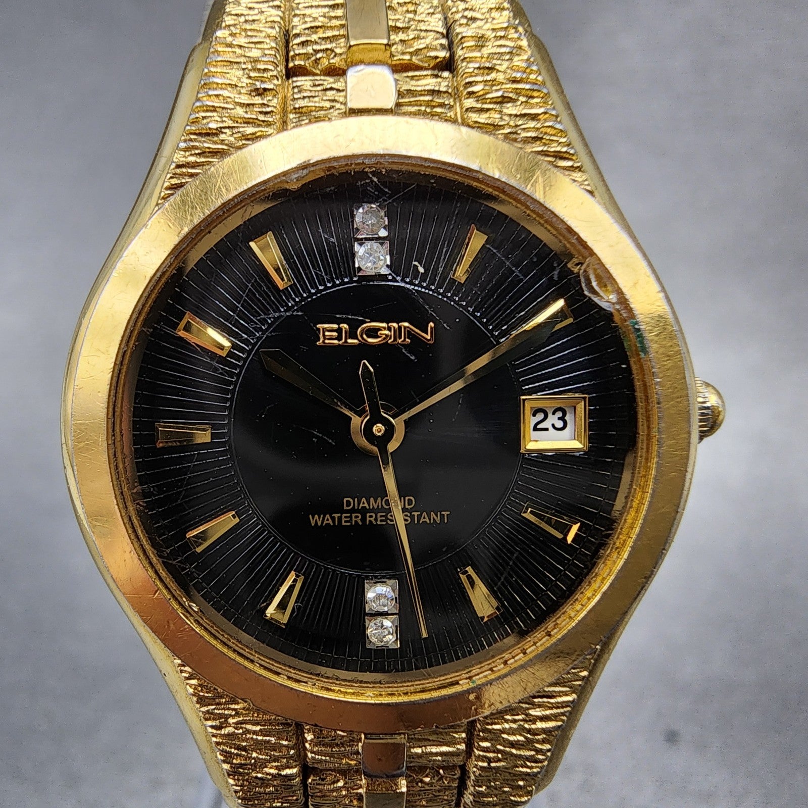 Elgin Watch Women 25mm Black Dial Gold Tone Date Round EG186N New Battery1