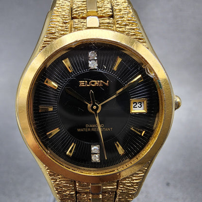 Elgin Watch Women 25mm Black Dial Gold Tone Date Round EG186N New Battery1