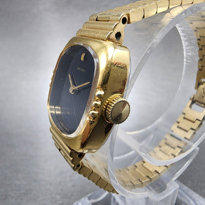Seiko Tank Watch Women 18mm Black Dial Gold Tone Manual 114750 Runs2