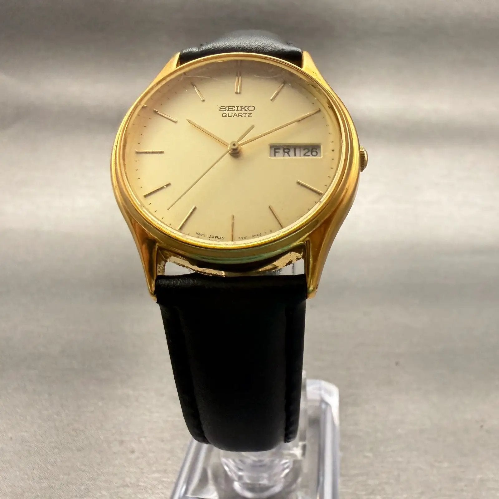 Seiko Watch Men 34mm Champagne Dial Gold Tone Daydate Round 7N43-8A89 New Batt5