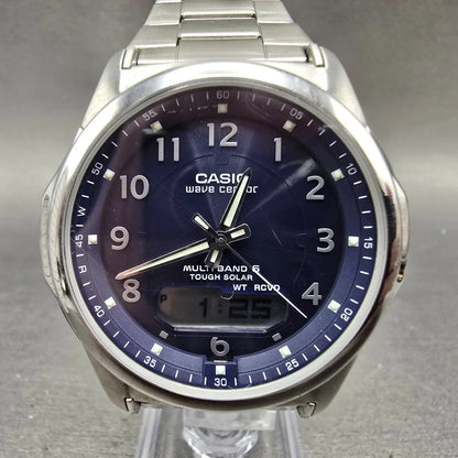 Casio Wave Ceptor Watch Men 42mm Blue Dial Steel Solar Alarm Daydate WVA-M630 JP0