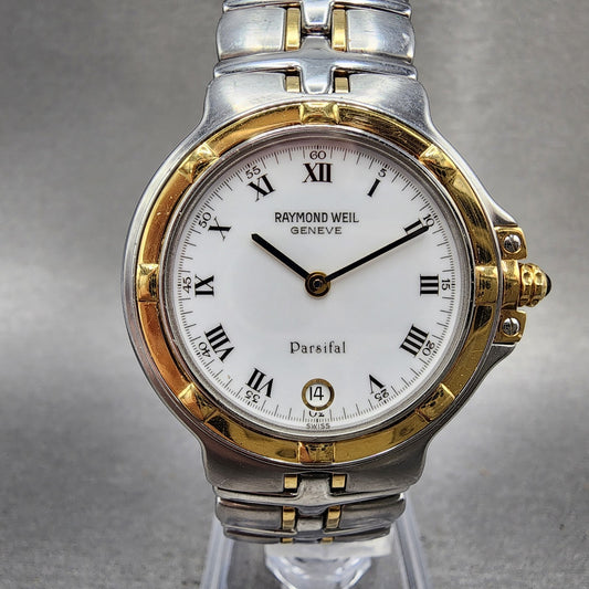 Raymond Weil Parsifal Watch Men 34mm White Dial Two Tone Date Round New Battery0