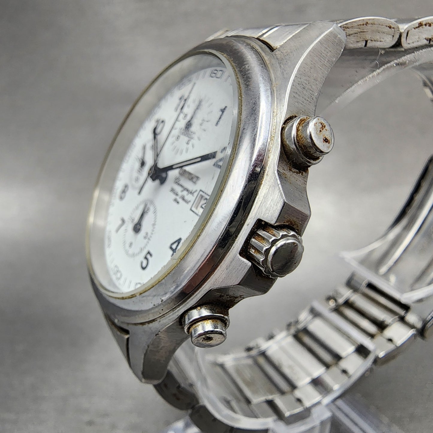 Orient Chronograph Watch Men 38mm White Dial Silver Tone Round New Battery2