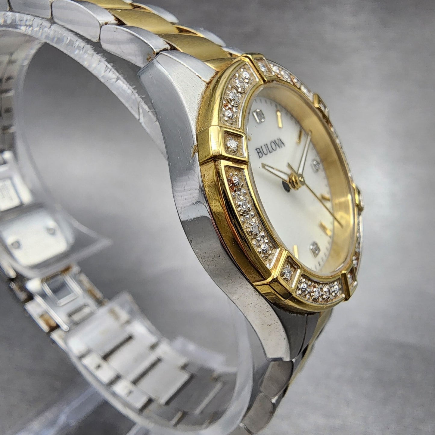 Bulova Crystal Watch Women 28mm MOP Dial Two Tone Round 98R236 New Battery3