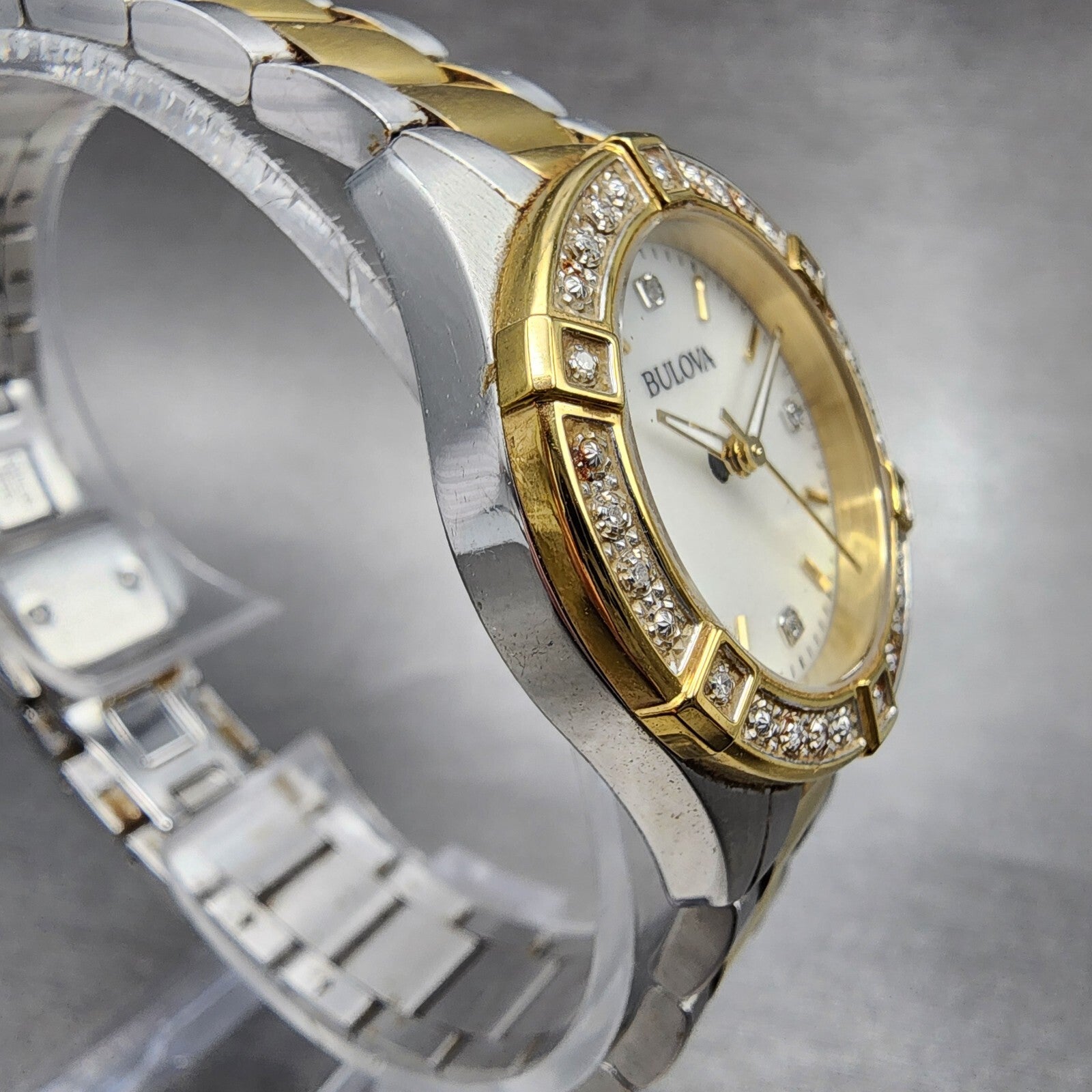 Bulova Crystal Watch Women 28mm MOP Dial Two Tone Round 98R236 New Battery3