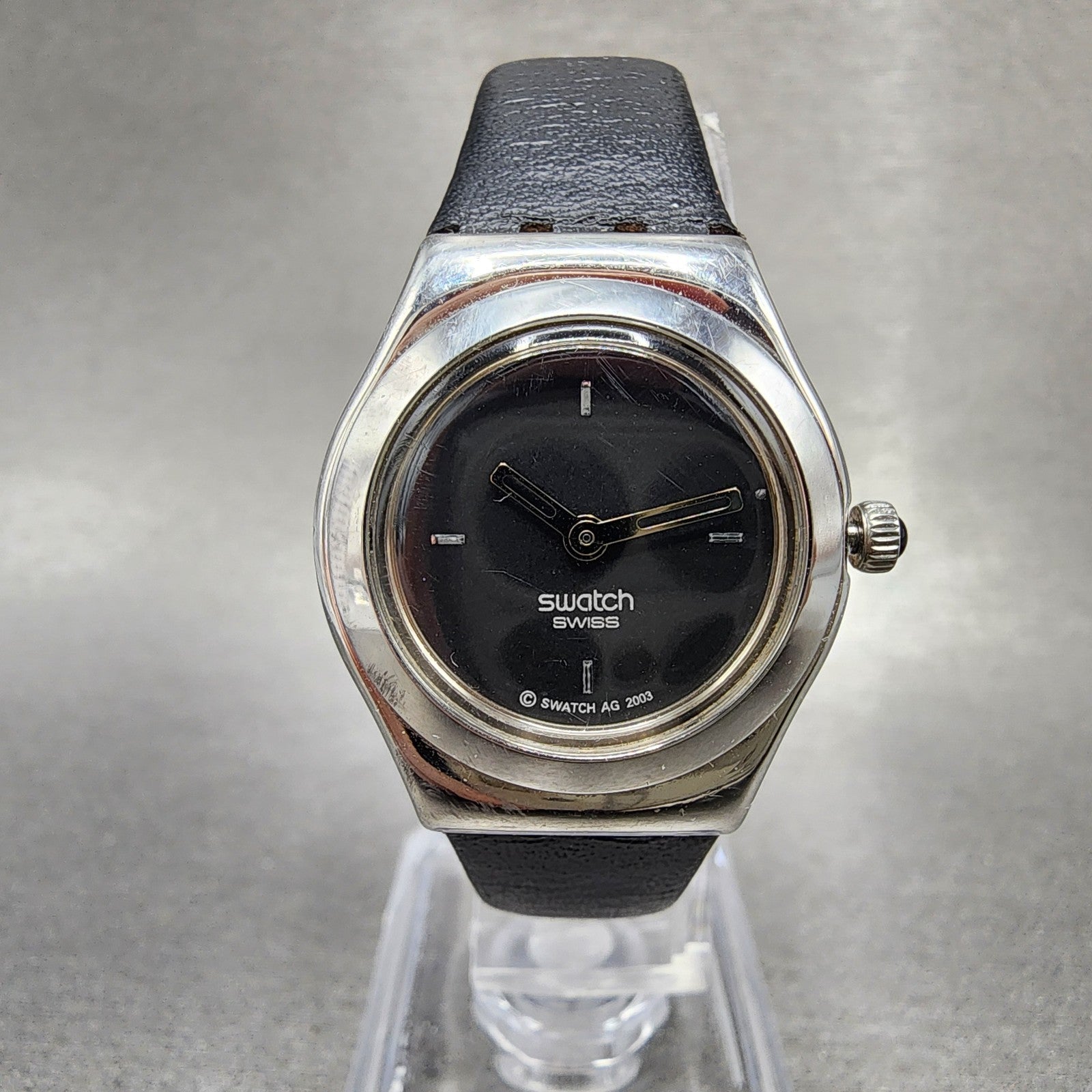 Swatch Irony Watch Women 25mm Black Dial Silver Tone Round New Battery Leather0
