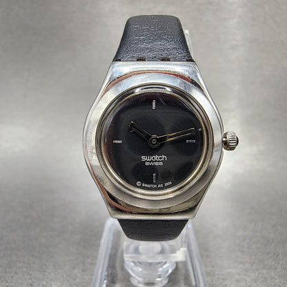 Swatch Irony Watch Women 25mm Black Dial Silver Tone Round New Battery Leather0