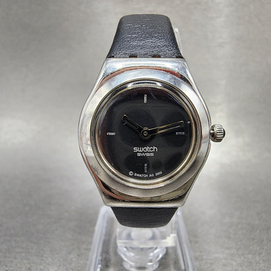 Swatch Irony Watch Women 25mm Black Dial Silver Tone Round New Battery Leather0