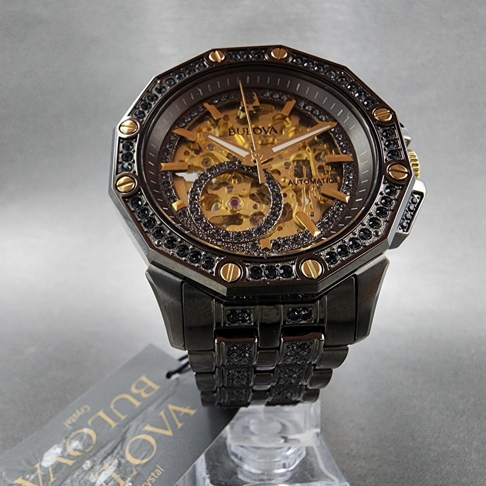 Bulova Octava Watch Men 42mm Gold Skeleton Dial Gunmetal Crystal Bezel 98A2935