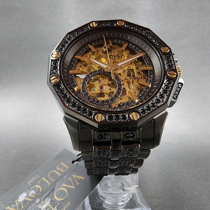 Bulova Octava Watch Men 42mm Gold Skeleton Dial Gunmetal Crystal Bezel 98A2935