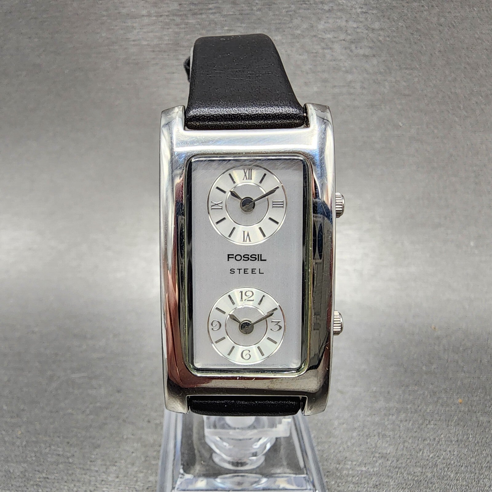 Fossil Steel Dual Time Watch Women 23mm Silver Dial Silver Tone Rectangle NewBat0