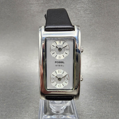 Fossil Steel Dual Time Watch Women 23mm Silver Dial Silver Tone Rectangle NewBat0