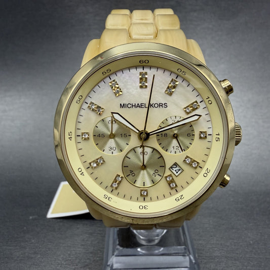 Michael Kors Chrono Watch Women 43mm MOP Dial Cream Date MK-5217 New Battery0