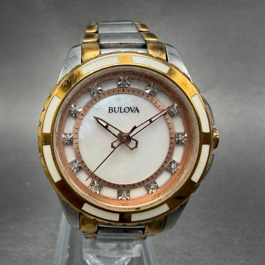 Bulova Diamond Watch Women 32mm MOP Dial Two Tone Round 98P134 New Battery 67H0