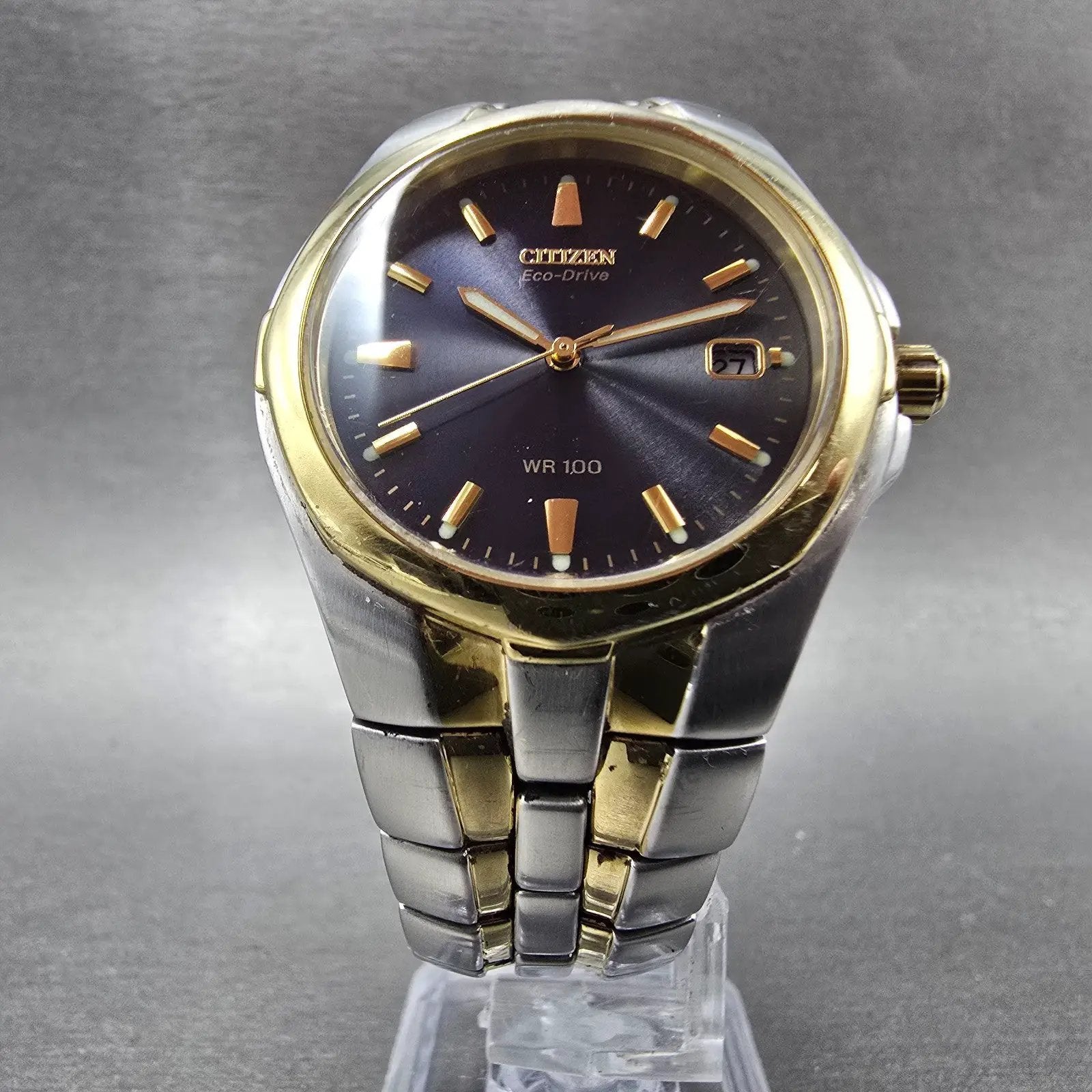 Citizen Eco-Drive Watch Men 35mm Blue Dial Two Tone Date E110-K15699 PARTS6