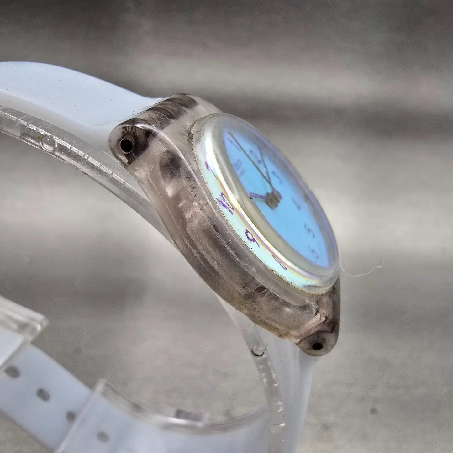 Swatch CASUAL BLUE Watch Women 25mm Blue Dial Clear Case Round LK396 New Battery3
