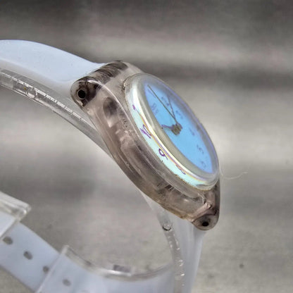 Swatch CASUAL BLUE Watch Women 25mm Blue Dial Clear Case Round LK396 New Battery3
