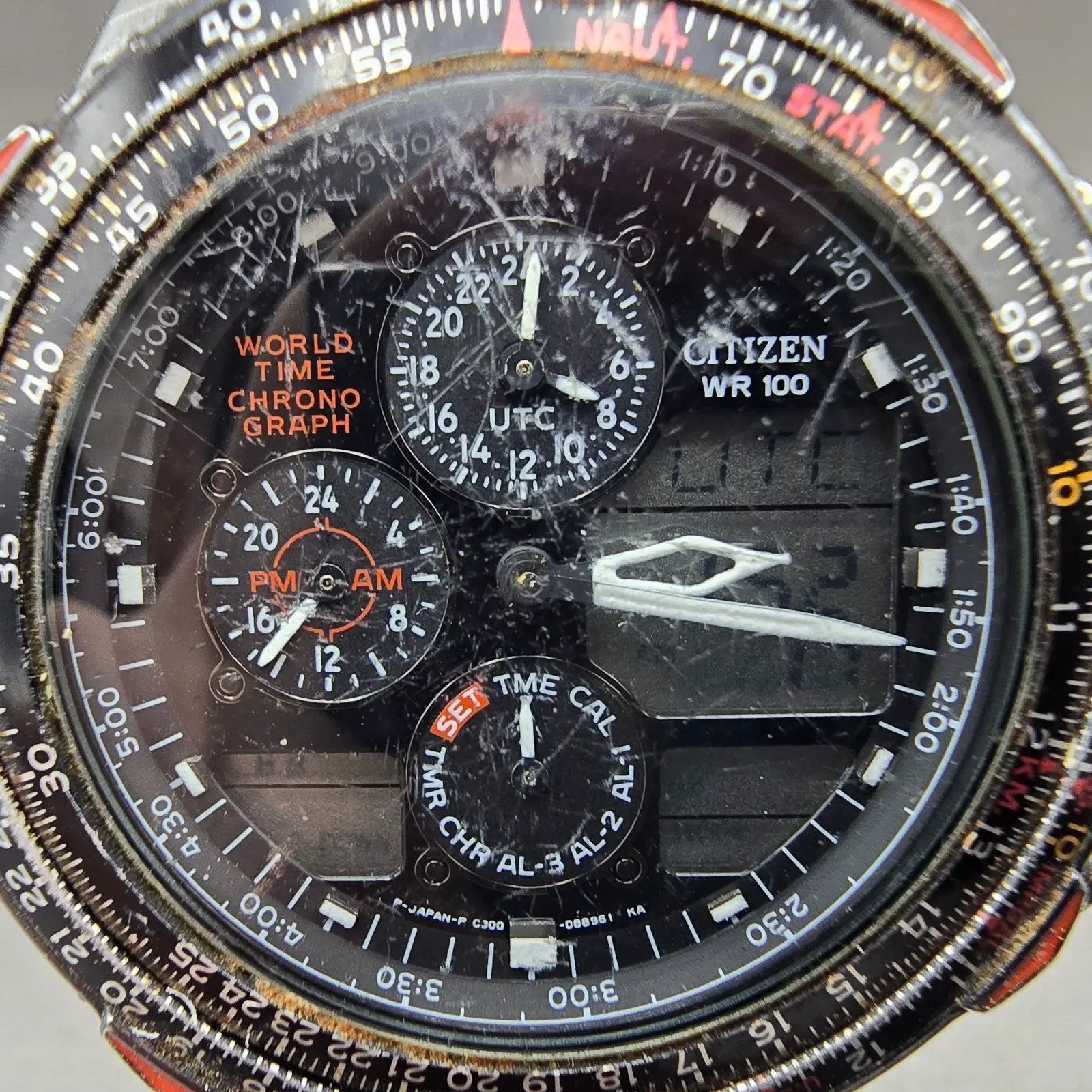 Citizen Navihawk World Time Chronograph Watch Men 42mm Black Dial Steel PARTS2