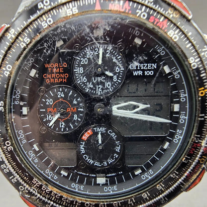 Citizen Navihawk World Time Chronograph Watch Men 42mm Black Dial Steel PARTS2