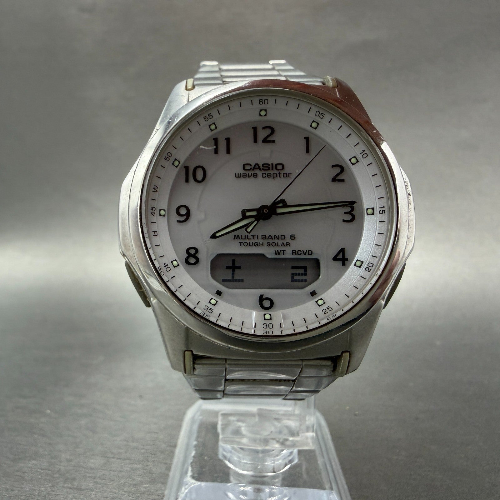 Casio Wave Ceptor Watch Men 42mm White Dial Steel Solar Analog Digital Works YUY5