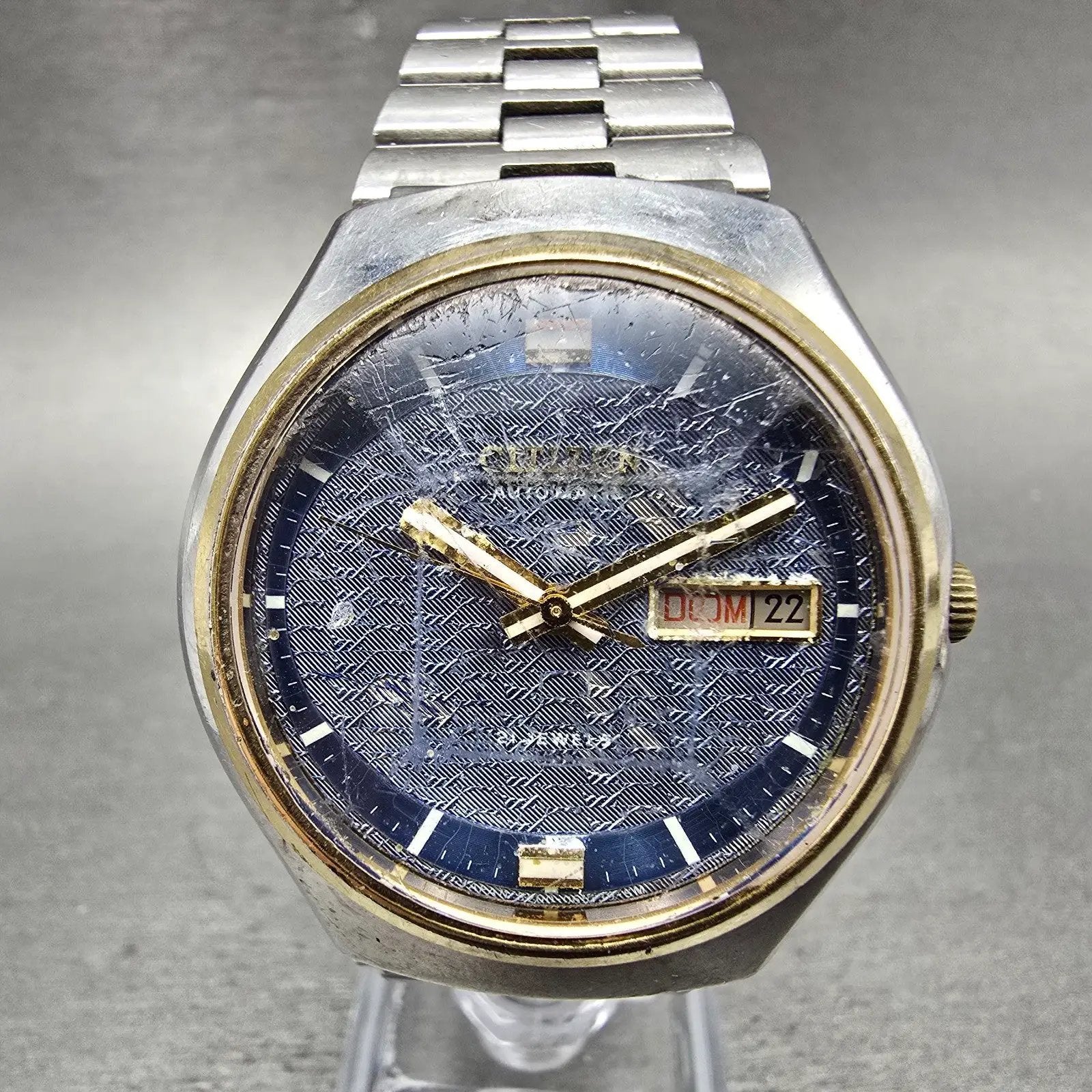 Citizen Automatic Watch Men 38mm Blue Dial Two Tone Daydate 4-164181 PARTS VTG0