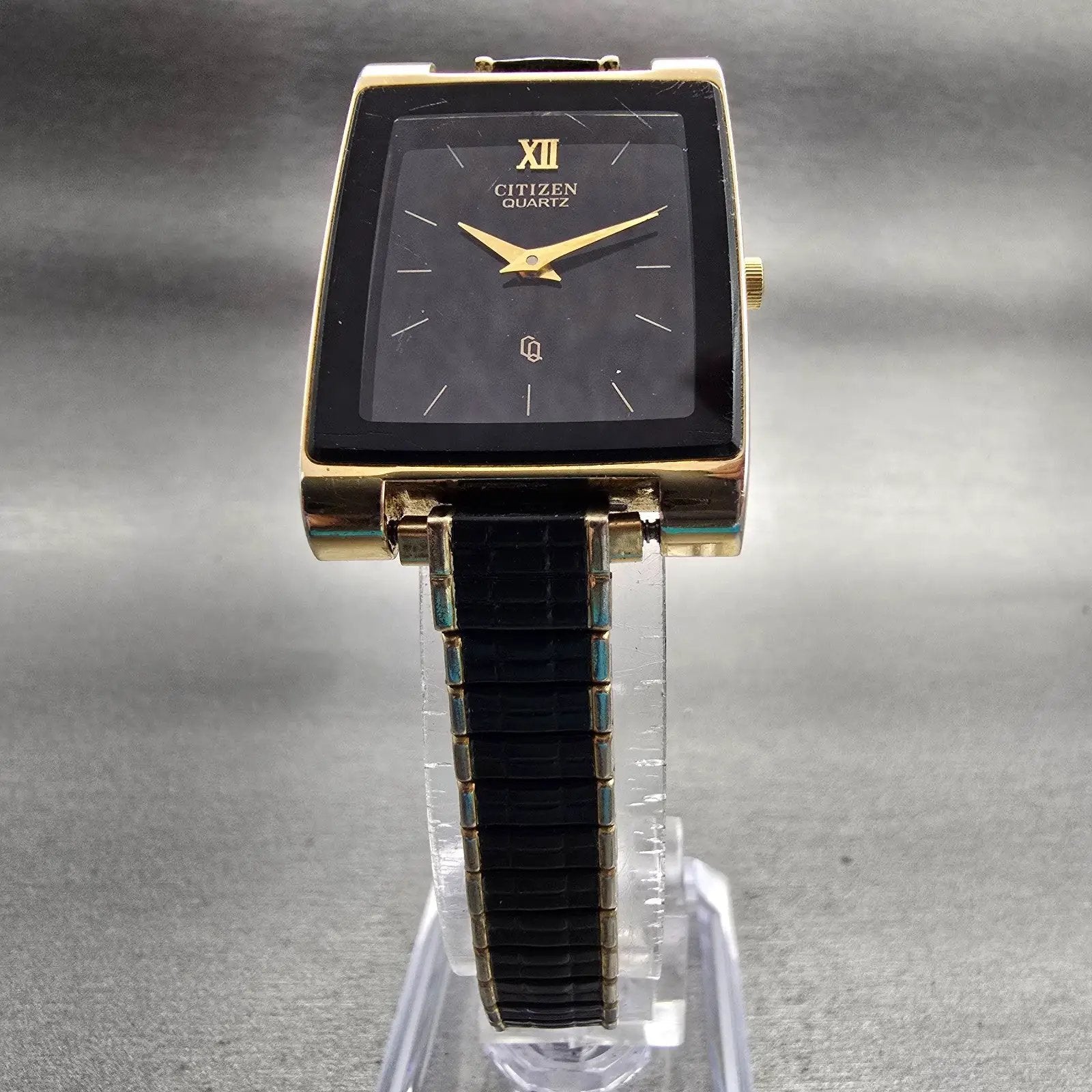Citizen CQ Watch Men 25mm Black Dial Gold Tone Rectangle 6020-G08334 New Batt5