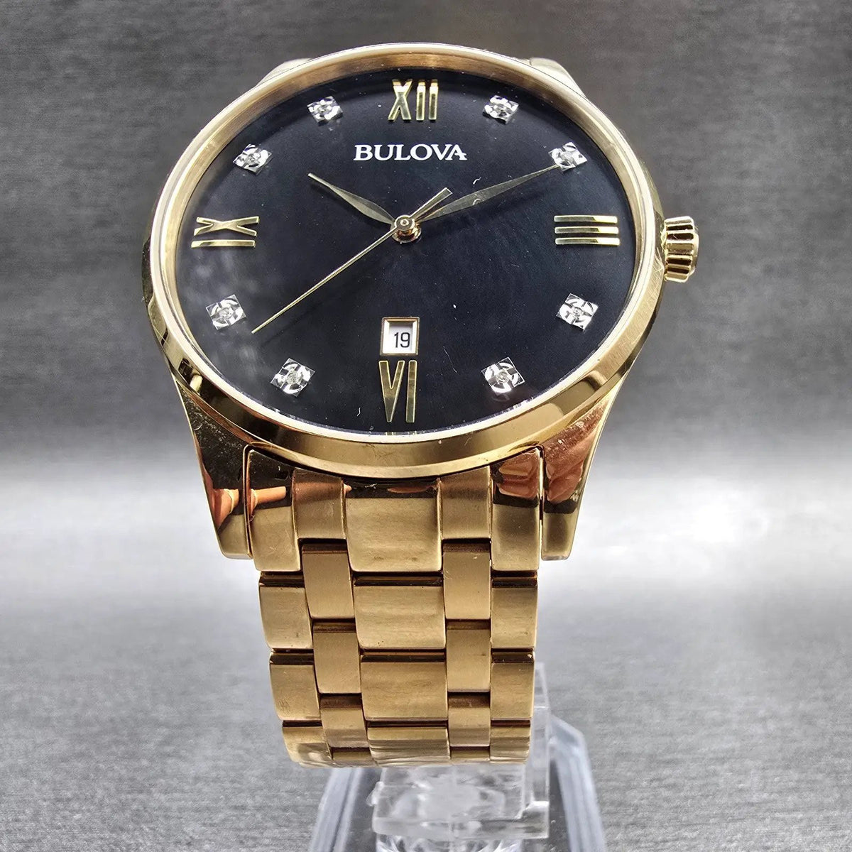 Bulova Watch Men 40mm Black Dial Gold Tone Date Gemmed 97D108 New Battery5