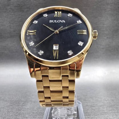 Bulova Watch Men 40mm Black Dial Gold Tone Date Gemmed 97D108 New Battery5