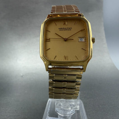 Hamilton Masterpiece Watch Men 30mm Gold Dial Gold Tone Date Rectangle New Batt5