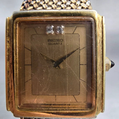 Seiko Watch Womem 19mm Gold Dial Gold Tone Rectangle 2C20-5610 New Battery VTG1
