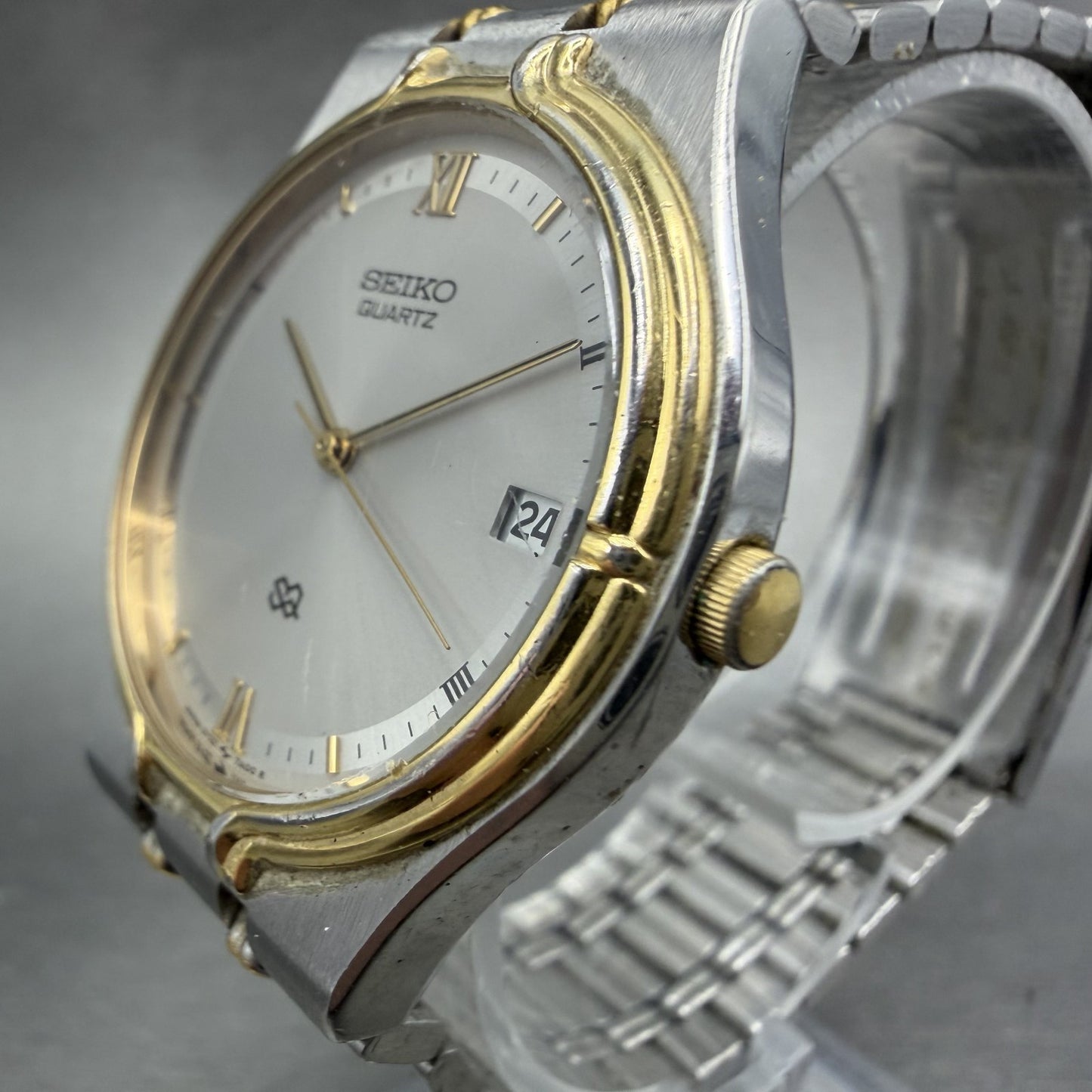 Seiko SQ Watch Men 33mm Silver Dial Two Tone Date Round 5Y22-7A09 New Battery2