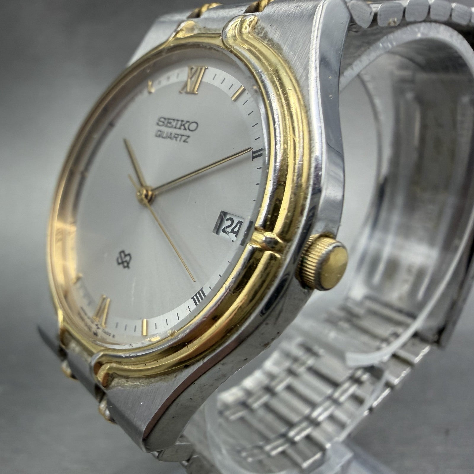 Seiko SQ Watch Men 33mm Silver Dial Two Tone Date Round 5Y22-7A09 New Battery2