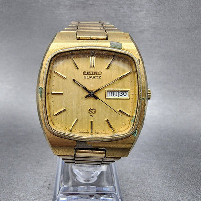 Seiko SQ Watch Men 36mm Gold Dial Gold Tone Rectangle Daydate 4336-5019 PARTS