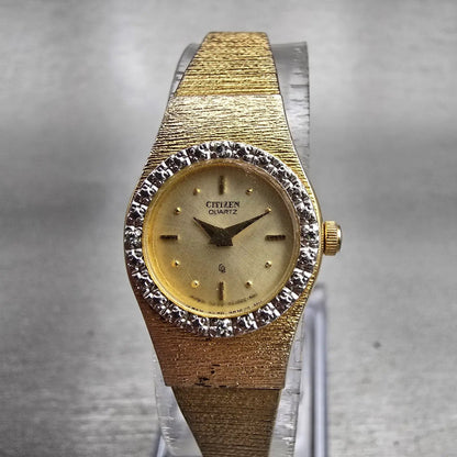 Citizen CQ Watch Women 17mm Gold Dial Gold Tone Gemmed 3220-324196 New Battery0