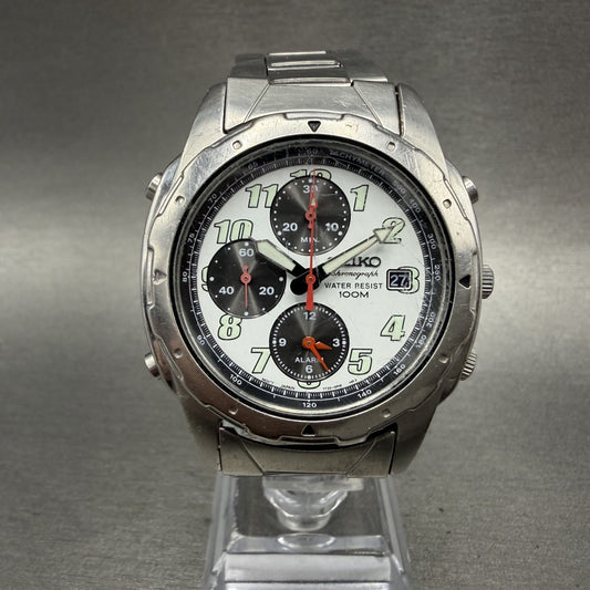 Seiko Chronograph Watch Men 39mm White Dial Silver Tone Alarm Date New Battery0
