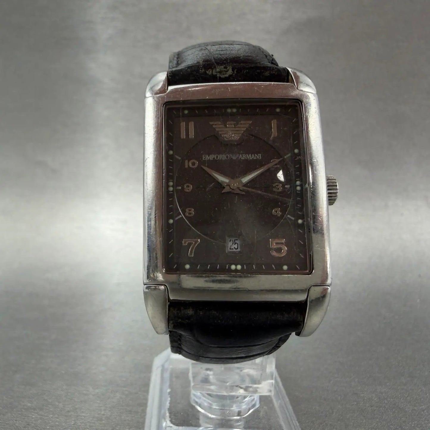 Emporio Armani Tank Watch Men 29mm Gray Dial Steel Date Rectangle AR-0272 NewBat5