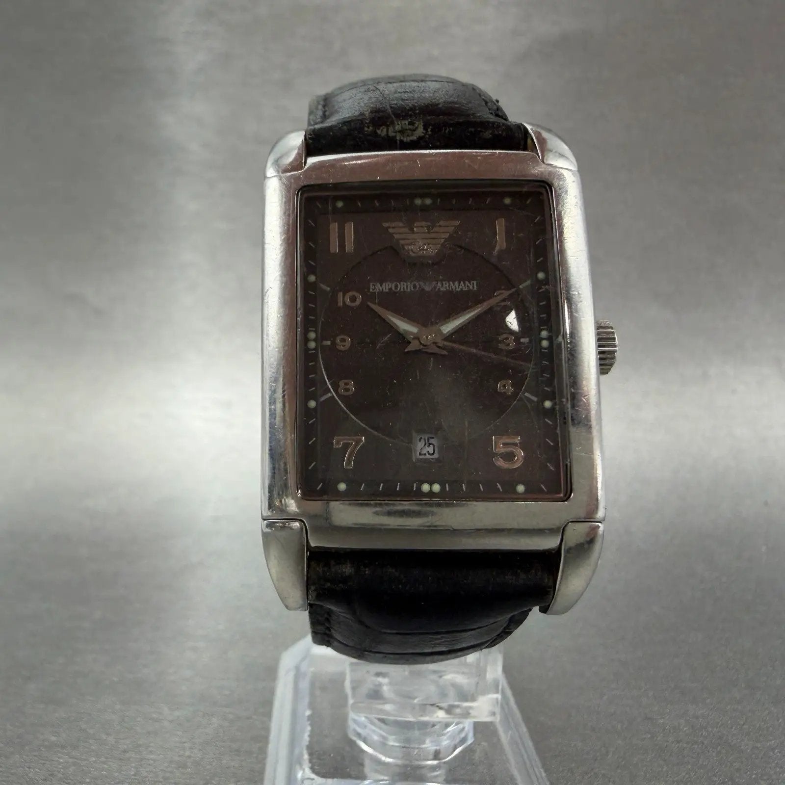 Emporio Armani Tank Watch Men 29mm Gray Dial Steel Date Rectangle AR-0272 NewBat5
