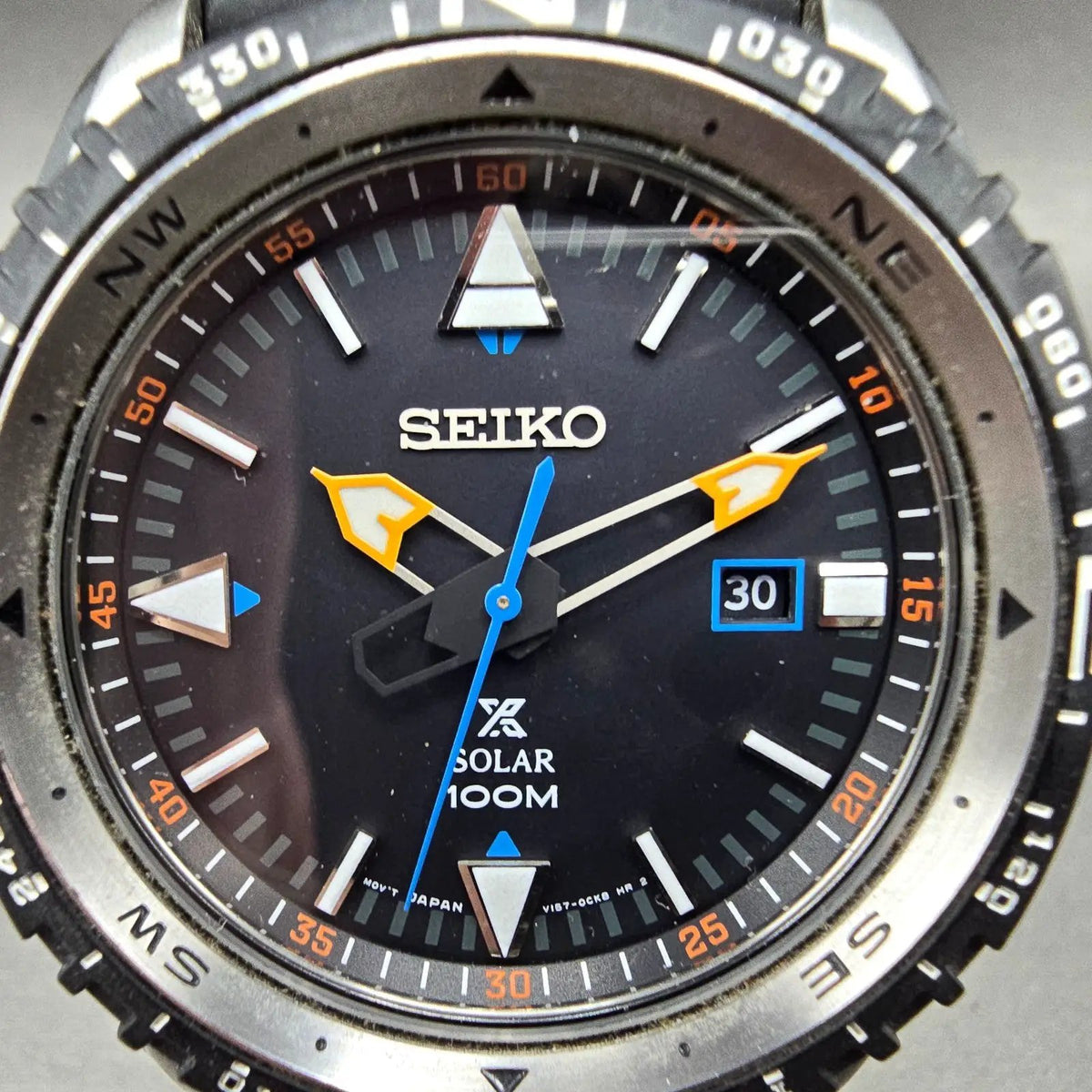 Seiko Prospex Watch Men 47mm Black Dial Steel Date Solar SNE423 Compass Runs1
