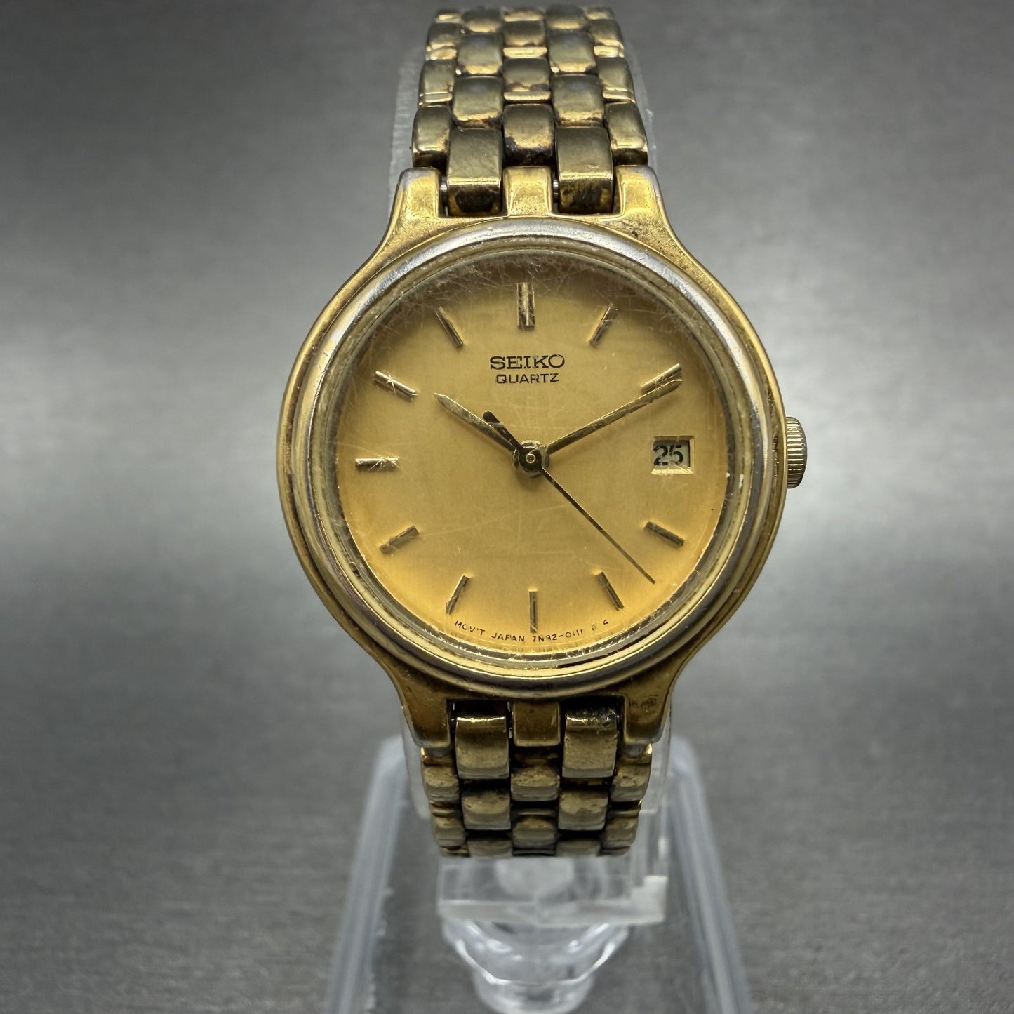 Seiko Watch Women 24mm Gold Dial Gold Tone Date Round 7N82-0071 New Battery ABC0