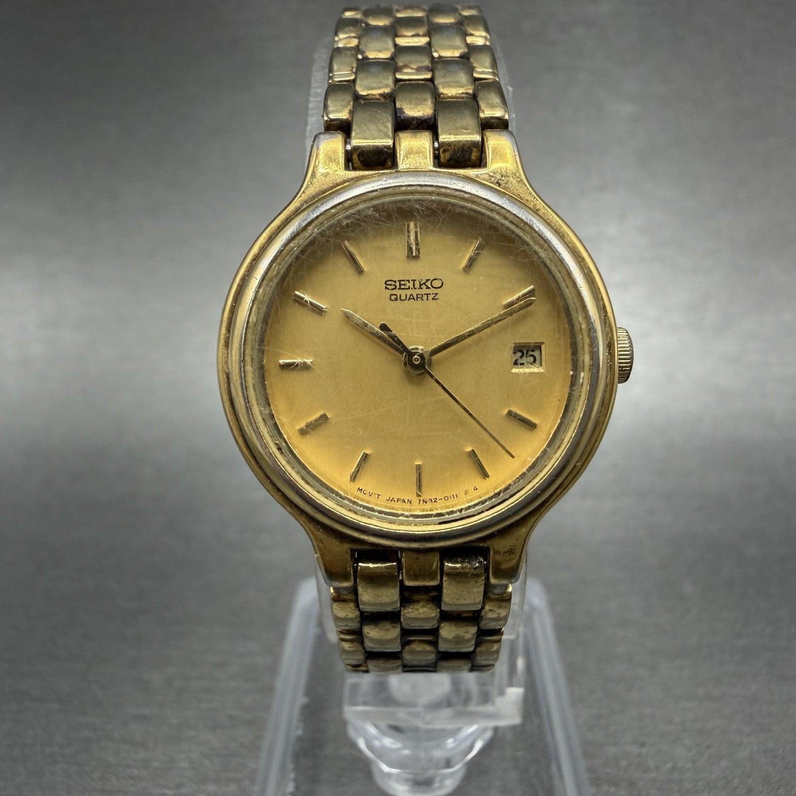 Seiko Watch Women 24mm Gold Dial Gold Tone Date Round 7N82-0071 New Battery ABC0