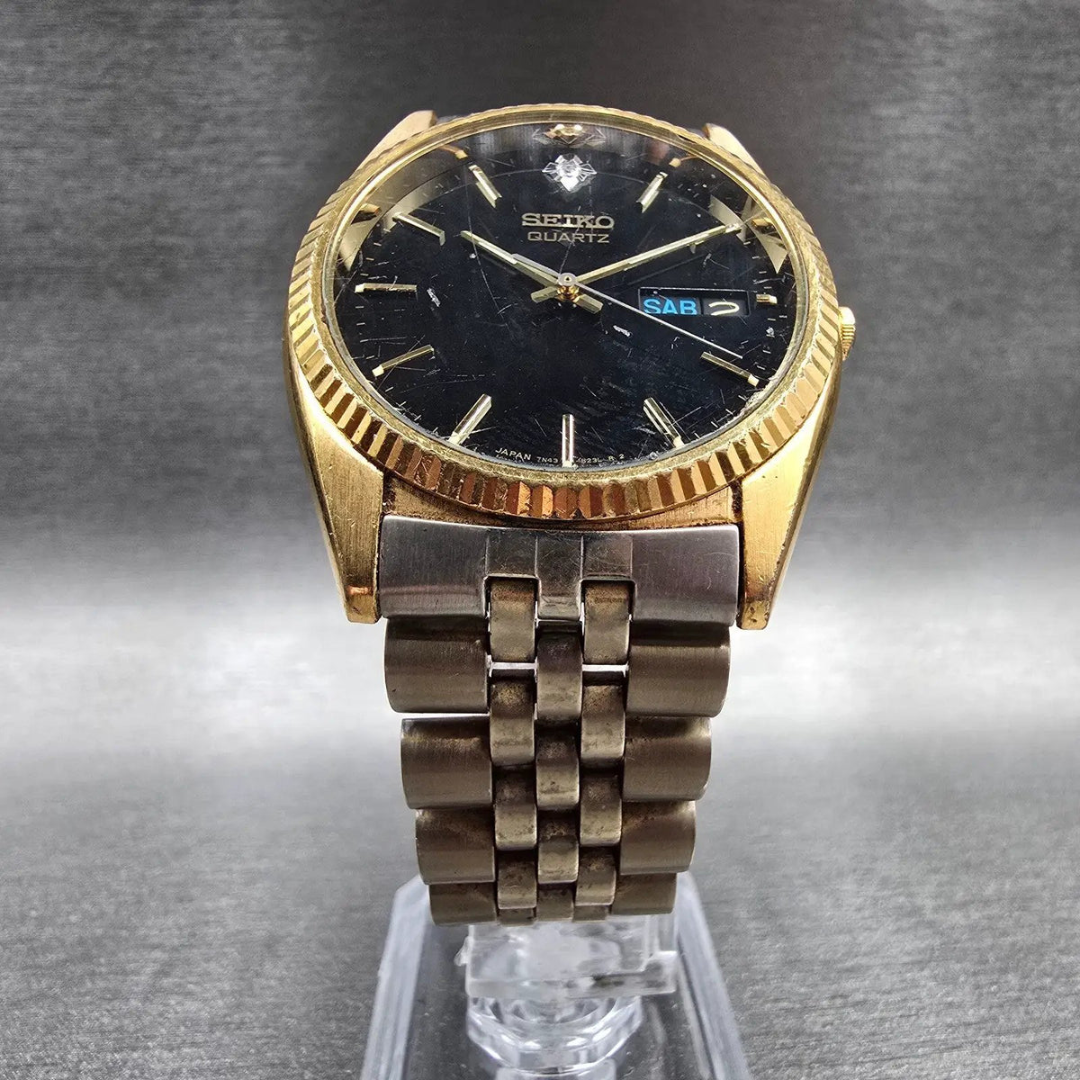 Seiko President Watch Men 35mm Black Dial Gold Tone Daydate 7N43-8119 New Batt5