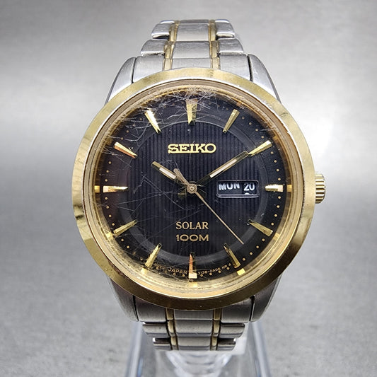 Seiko Solar Watch Women 28mm Blue Dial Two Tone Daydate Round READ!!!! V138-0AB0