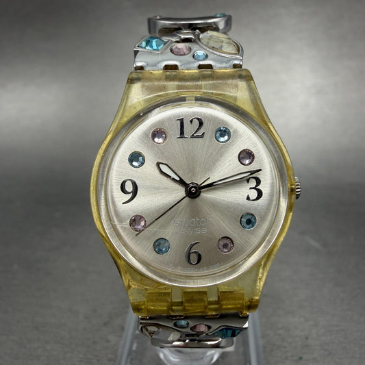 Swatch Menthol Tone Watch Women 25mm Silver Dial Clear Case LK292G New Battery0