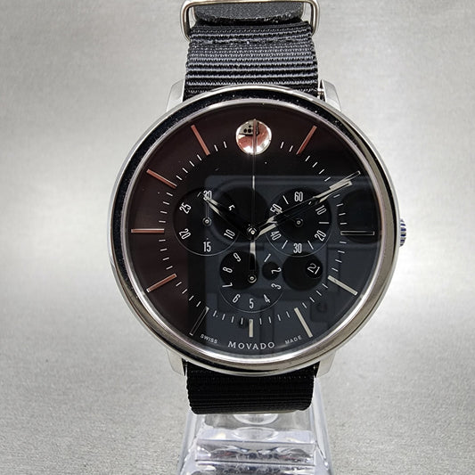 Movado Chronograhp Watch Men 42mm Black Dial Steel Date Round 0606886 New Batt0