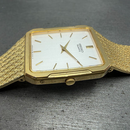 Seiko Tank Watch Men 25mm Silver Dial Gold Tone Rectangle READ! 5Y30-5B49 NewBat3