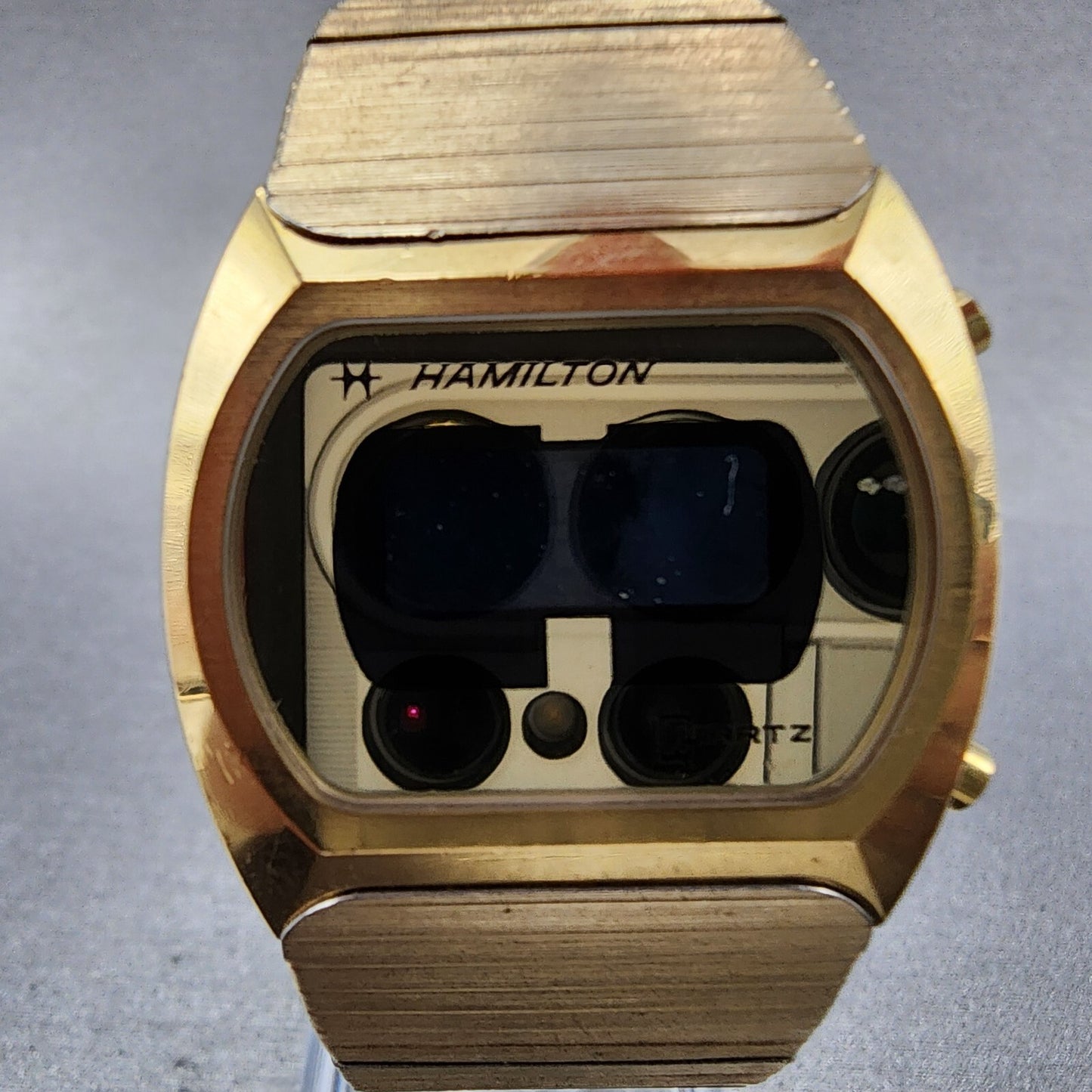 Hamilton Digital Watch Men 32mm LCD 14K Gold Plated Rectangle PARTS Vintage2