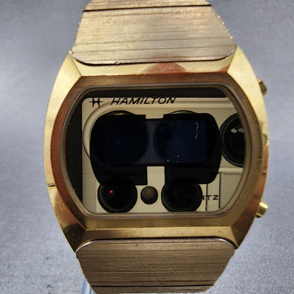 Hamilton Digital Watch Men 32mm LCD 14K Gold Plated Rectangle PARTS Vintage2