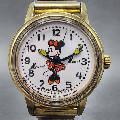 Seiko Alba Minnie Mouse Watch Women 26mm White Dial Gold Tone Y4010110 New Batt1