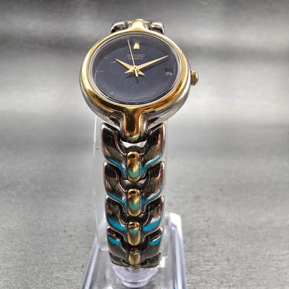 Seiko Watch Women 22mm Blue Dial Two Tone Date Round 7N82-0248 New Battery VTG5