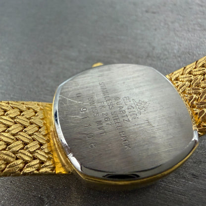 Elgin Watch Women 22mm Gold Dial Gold Tone Rectangle FK267 New Battery VTG ABC9